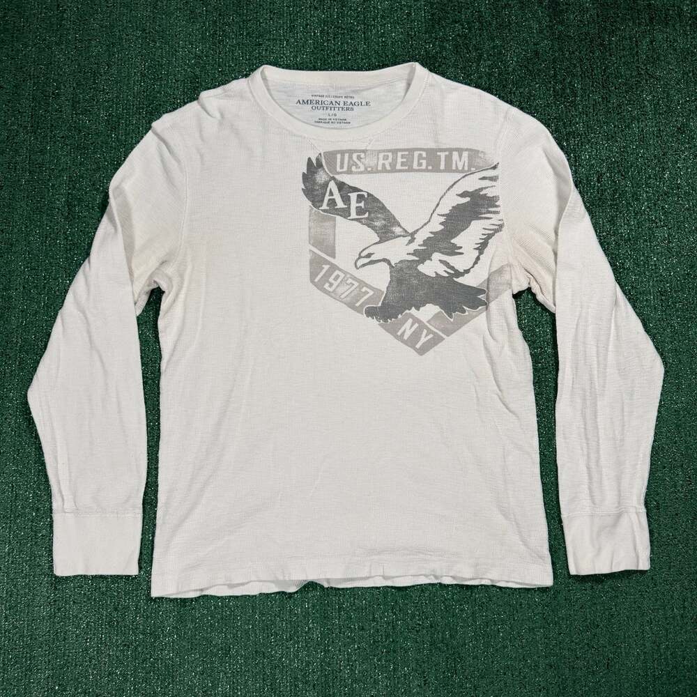 Y2K American Eagle Outfitters Men's White Long Sleeve Waffle Knit T-Shirt Large